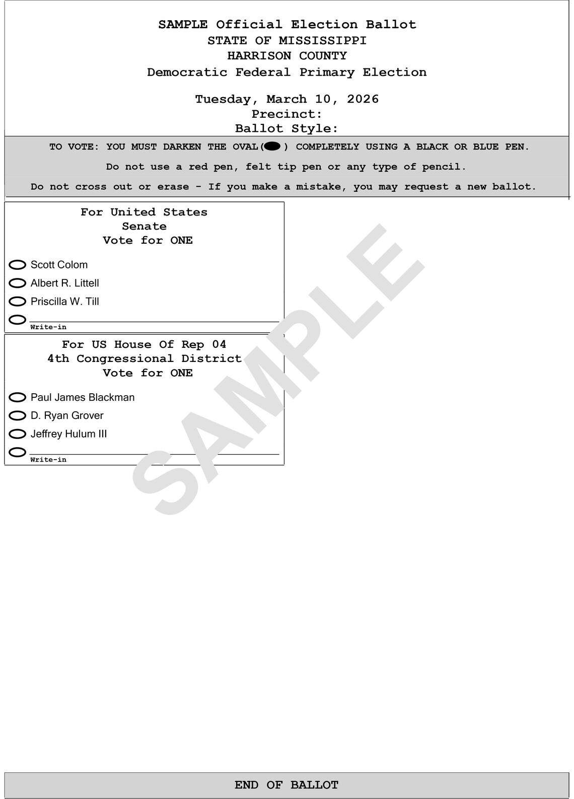 Sample ballot for the Democrat primary election in Harrison County on March 10, 2026.