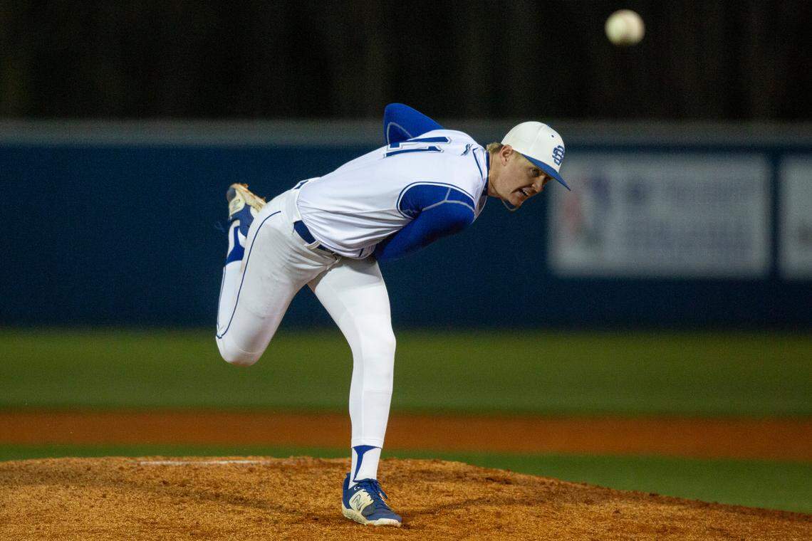Ocean Springs’ Jack Jordan throws a pitch during a game against Jackson Prep in Ocean Springs on Monday, March 11, 2024.