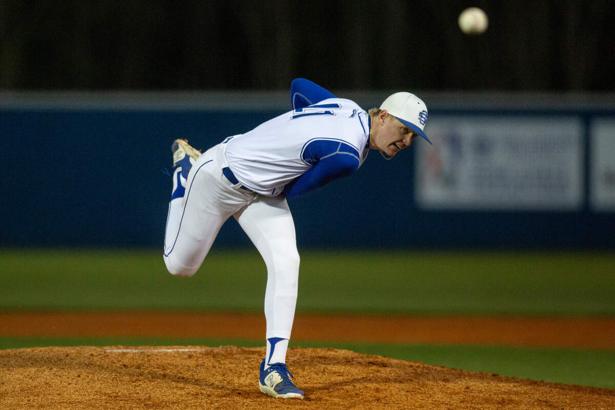 Ocean Springs’ Jack Jordan throws a pitch during a game against Jackson Prep in Ocean Springs on Monday, March 11, 2024.