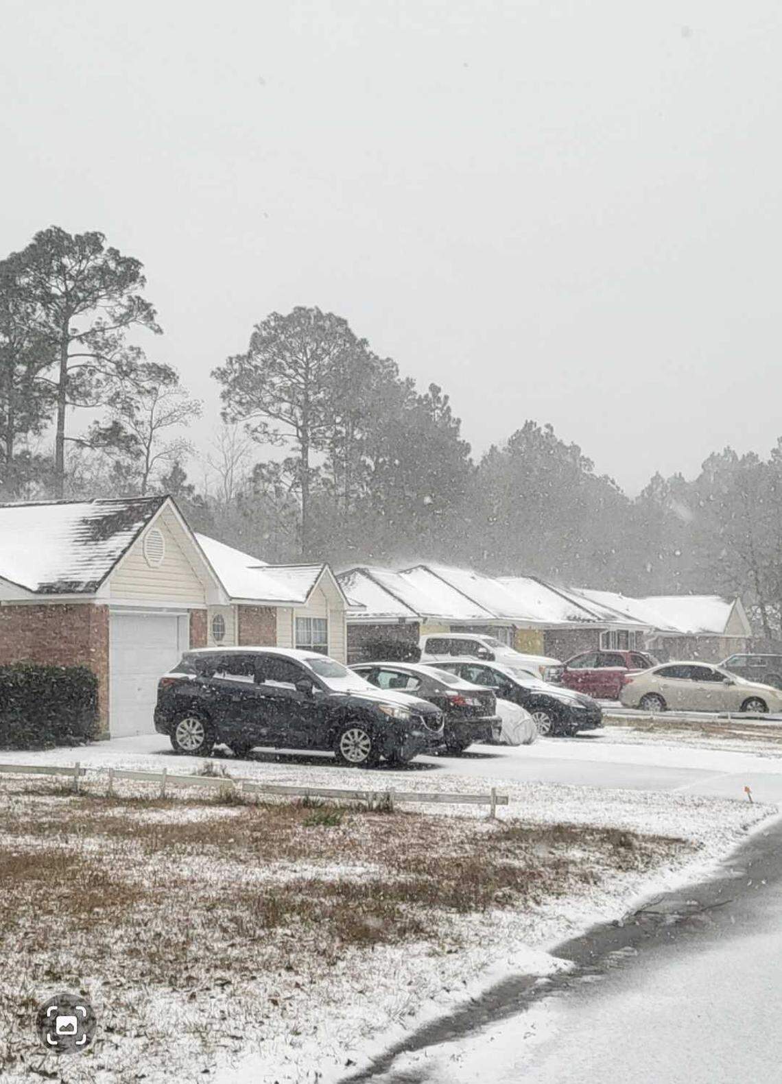 Snow settles on rooftops Tuesday, Jan. 21, 2025, on Springridge Road in Gautier.