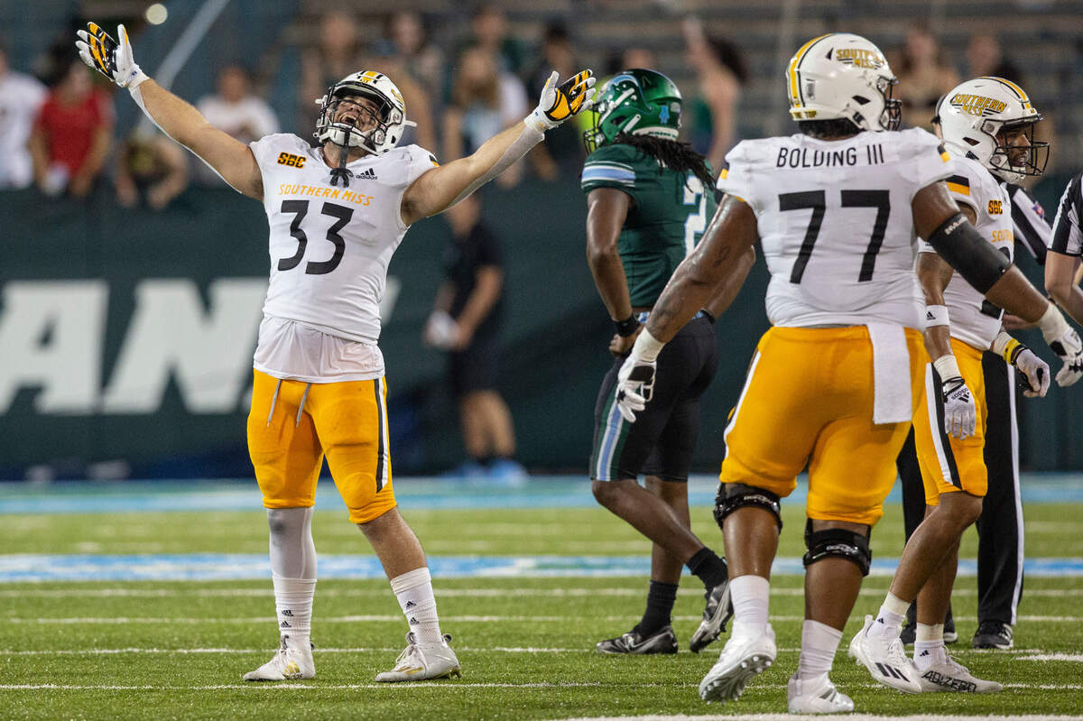 Southern Miss Golden Eagles tight end Cole Cavallo (33) cheers as Southern Miss beats Tulane at Yulman Stadium in New Orleans on Saturday, Sept. 24, 2022.