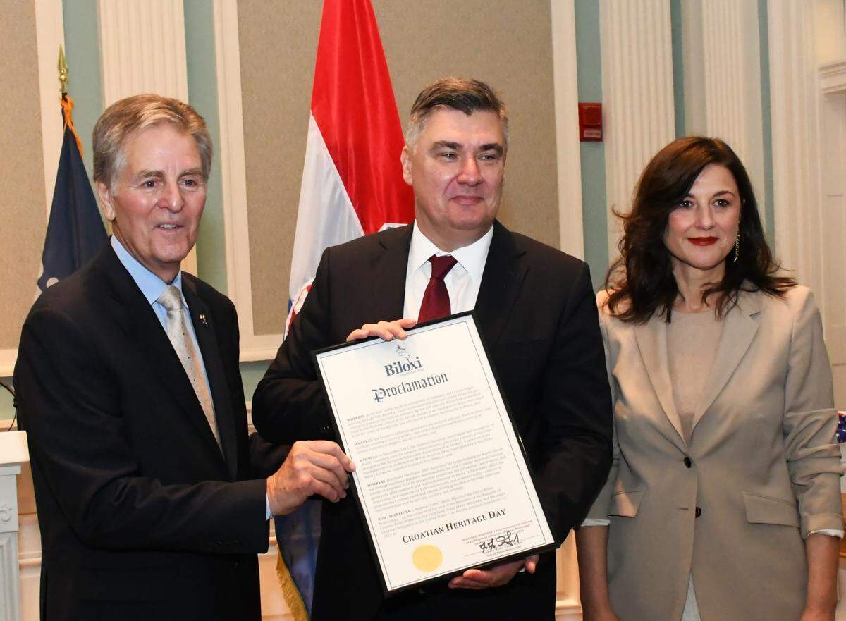 Biloxi Mayor Andrew “Fofo” Gilich proclaims Sept. 22 Croatian Heritage Day during Croatian President Zoran Milanović’s visit to Biloxi on Friday, Sept. 22, 2023.