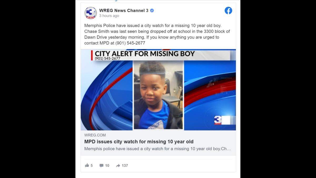 Police in Memphis, Tennessee, have found 10-year-old Chase Smith who went missing after he was dropped off at school on Wednesday morning.