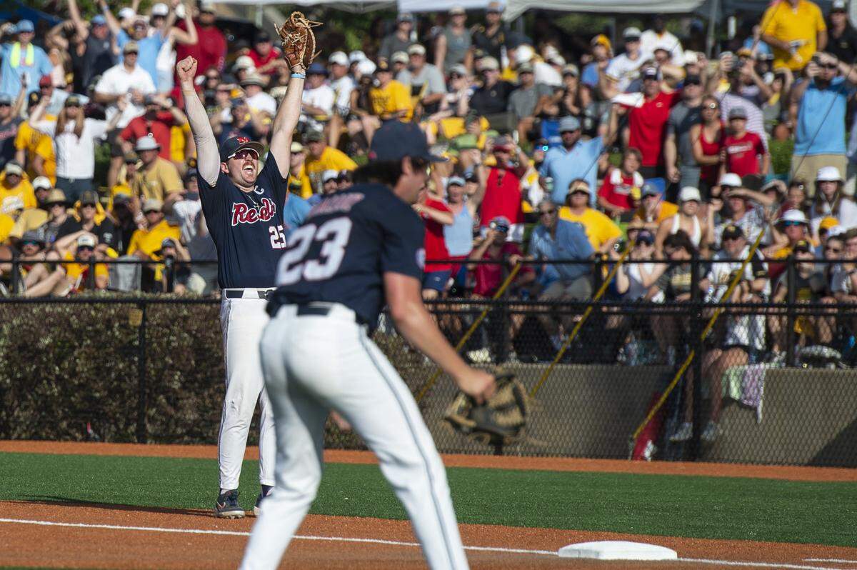 Ole Miss’s Tim Elko cheers after after winning a shot at the College World Series during the Super Regionals Final at Pete Taylor Park in Hattiesburg on Sunday, June 12, 2022.