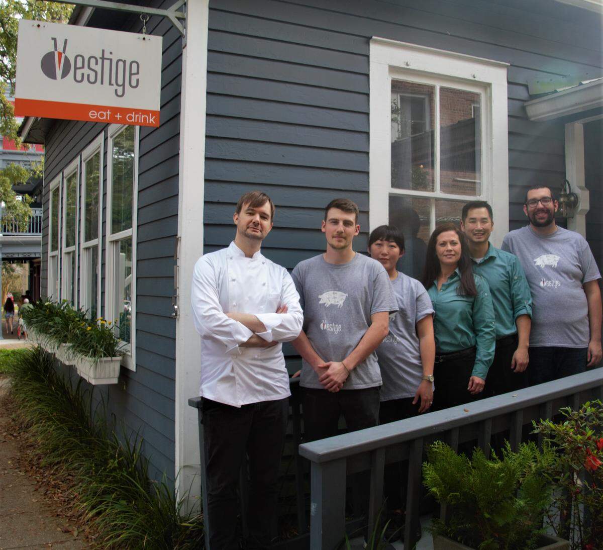 Chef Alex Perry, from left, sous chef Carson Neaves, Kumi Perry, Rachel Gnapp, Mike Anthony and Steve Mockler at Vestige in Ocean Springs in 2019.