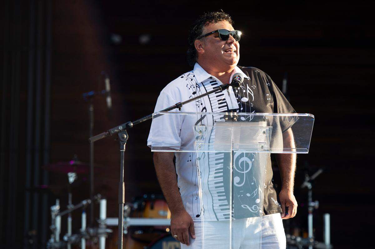 Gautier Mayor Casey Vaughn speaks before the start of the KC and The Sunshine Band concert and the official opening of The Sound Amphitheater in Gautier on Friday, April 12, 2024.