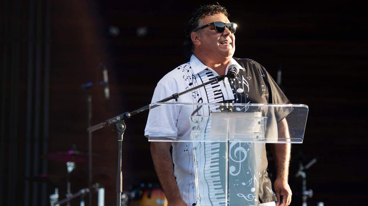 Gautier Mayor Casey Vaughan speaks before the start of the KC and The Sunshine Band concert and the official opening of The Sound amphitheater in Gautier on Friday, April 12, 2024.