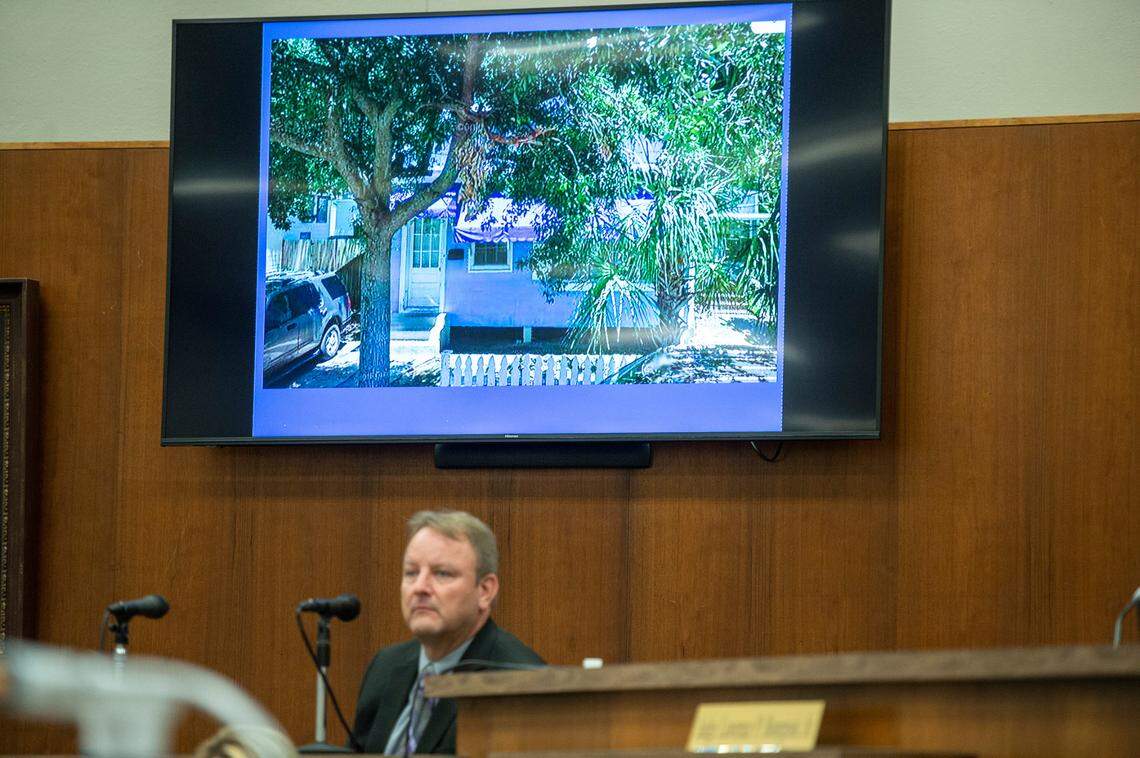 A photo of the Blue House, Cliff Kirkland’s residence, is shown on the screen as Biloxi Police Investigator Steven Kelly testifies in the trial of Cliff Kirkland in Harrison County Circuit Court in Biloxi on Monday, May 16, 2022.