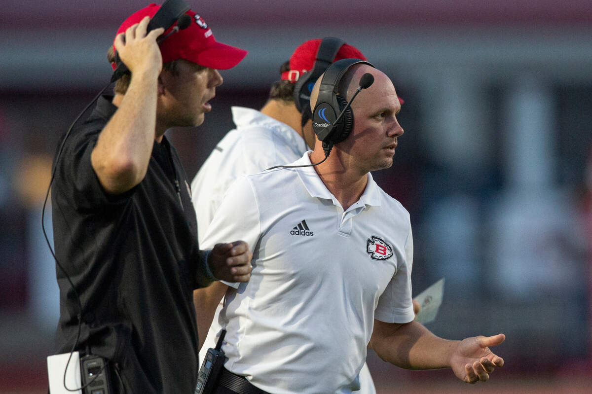 Biloxi coach Katlan French talks to referees from the sidelines during their game against George County at Biloxi High School on Friday, Sept. 8, 2023.