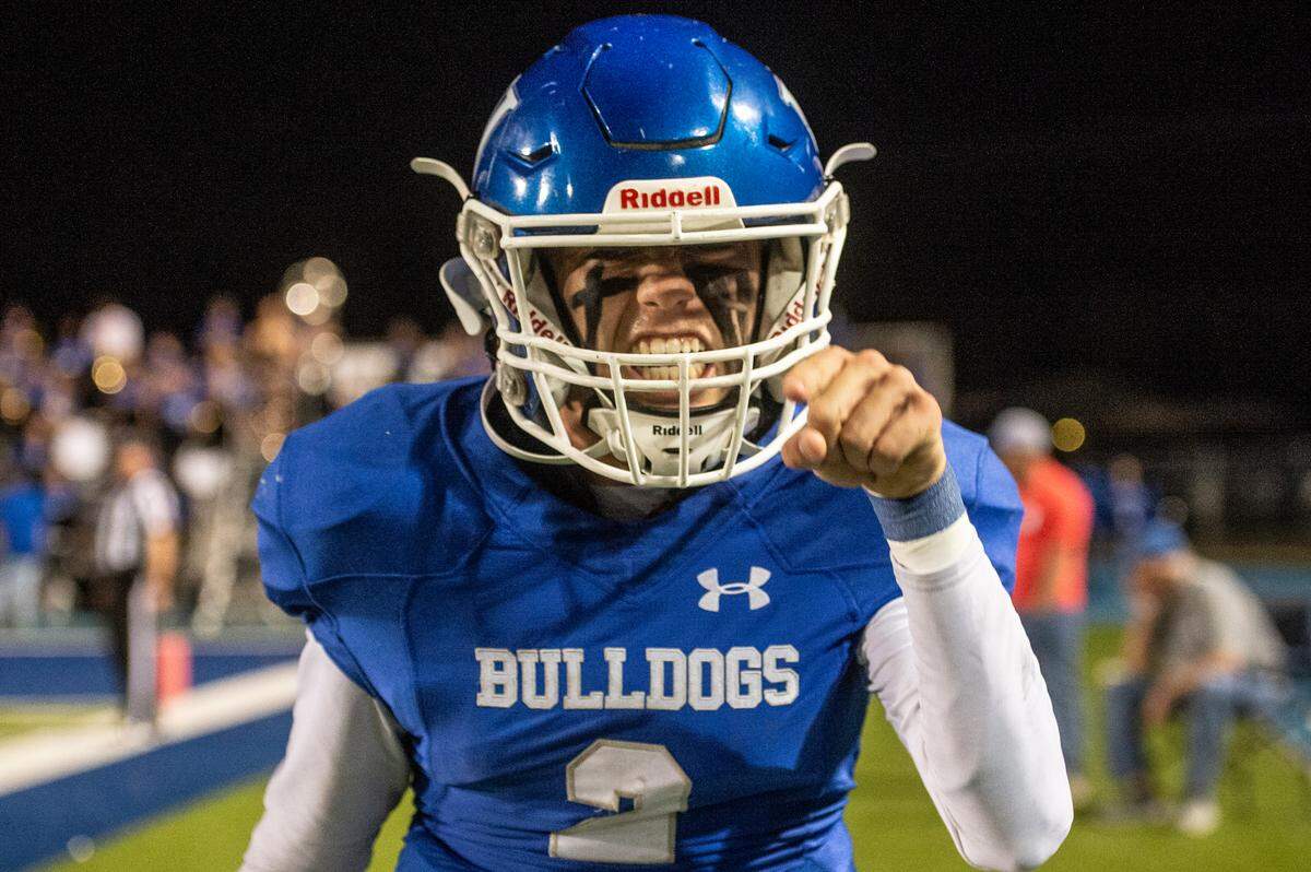 Vancleave’s Hunter Parker celebrates after scoring a touchdown during a game between Vancleave and East Central at Vancleave Football Stadium in Vancleave on Thursday, Nov. 3, 2022.