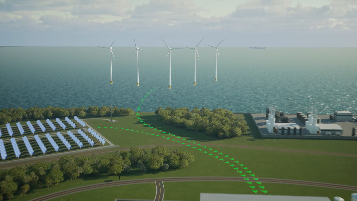 A rendering of the solar and wind energy in Hy Stor’s hydrogen production facility that will be used to power the plant and the electrolysis that will generate hydrogen energy.