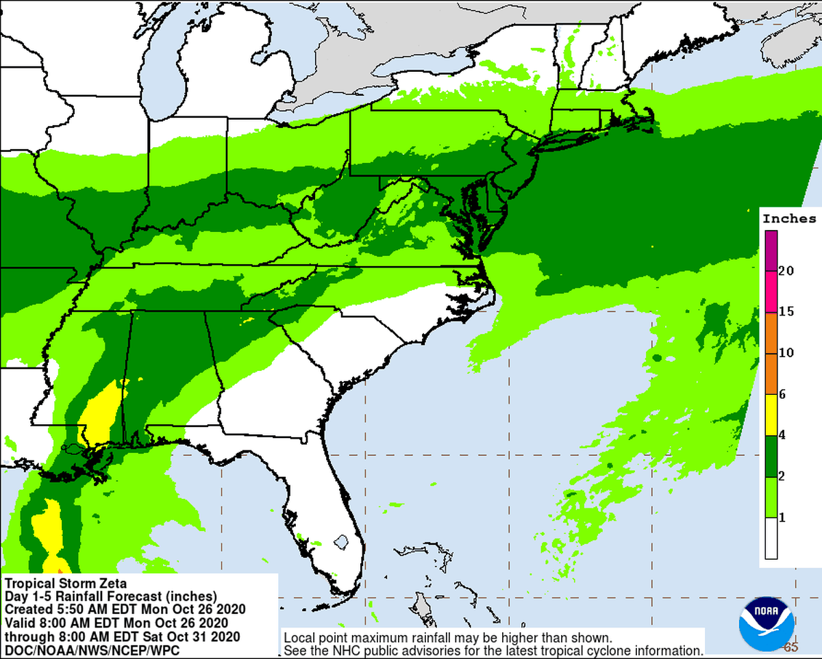 Some portions of the U.S. Gulf Coast could see up to 6 inches of rain as Tropical Storm Zeta nears, forecast maps show.