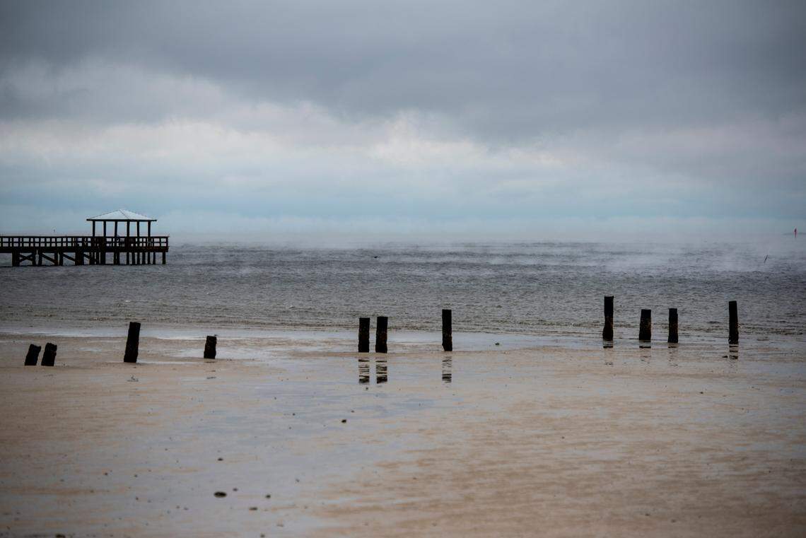 Cold air blows off the water at Front Beach in Ocean Springs on Tuesday, Jan. 16, 2024. 