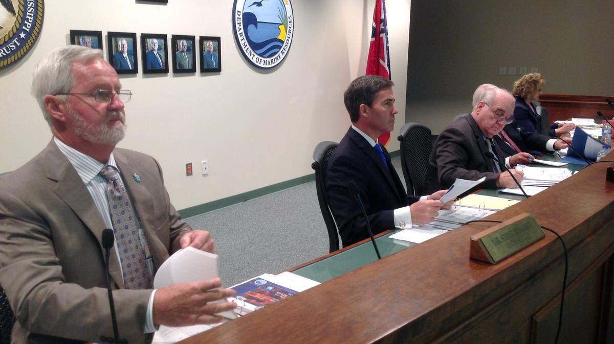 KAREN NELSON/SUN HERALD 
 
 The Mississippi Commission on Marine Resources on Tuesday 
 denied Jackson County's request to limit menhaden fishing to one mile 
 off the mainland. CMR commissioner Steve Bosarge, left, made the 
 motion. Also pictured are DMR Director Jamie Miller, center, and 
 Commissioner Richard Gollott, right.