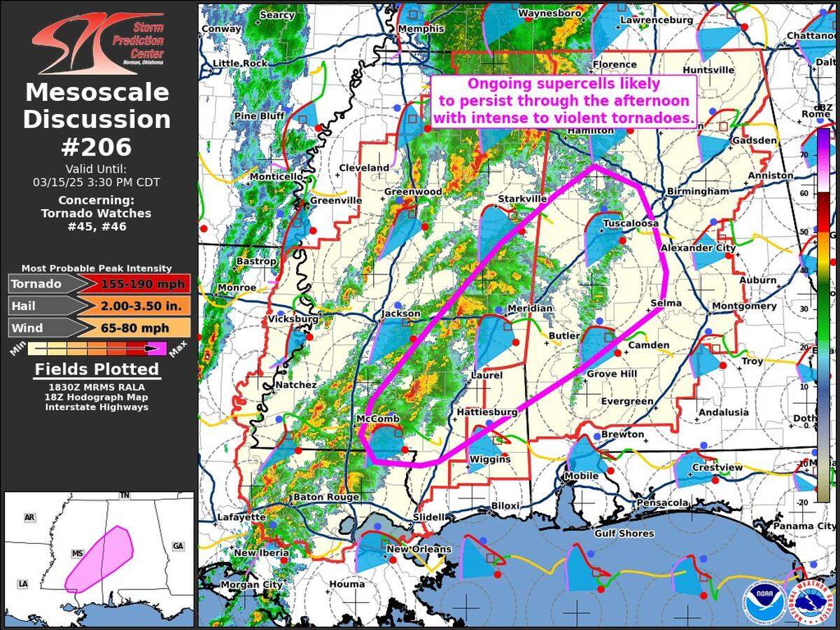 A look at the tornado threat Saturday, March 15, 2025, in Mississippi.