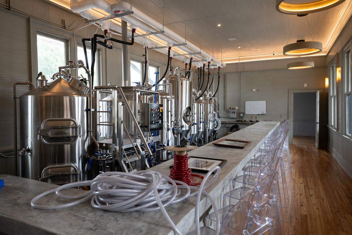 Craft beer brewing equipment fills the brewing room at Chandeleur Depot Brewpub in Pascagoula.