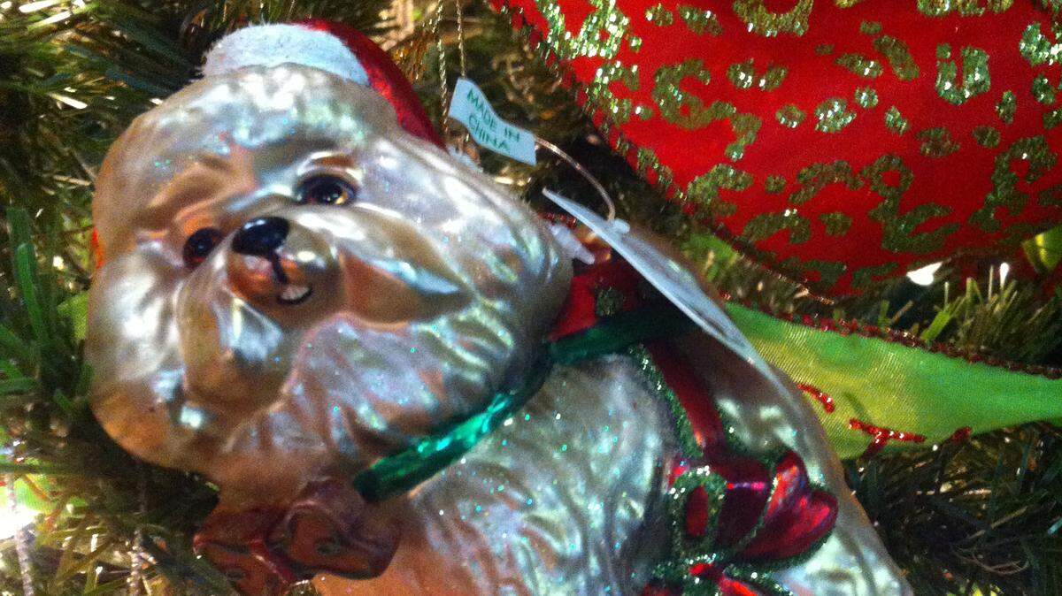 TAMMY SMITH/SUN HERALDA doggy-design glass ornament hangs from a Christmas tree decorated in green and red at Cardinal Flowers in Gulfport.