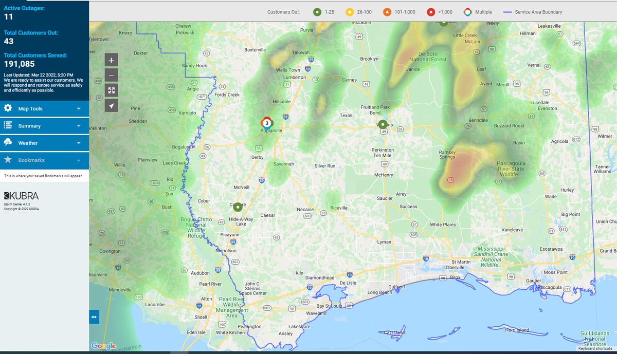 As of 5:30 p.m. Tuesday, Mississippi Power has five outages in the area.