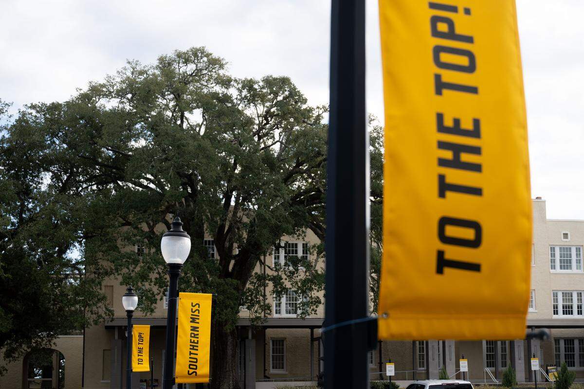 Banners with the Southern Miss name and slogan hang from lamp posts at The University of Southern Mississippi Gulf Park Campus on Tuesday, Feb. 3, 2026.