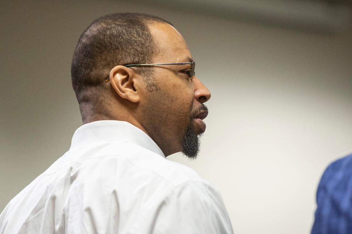 Dion Neal stands with his attorneys after getting a guilty verdict from the jury during his trial for sexual battery charges before Judge Jackson at the Jackson County Courthouse in Pascagoula on Tuesday, Oct. 11, 2022.