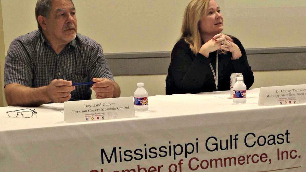 MARY PEREZ/SUN HERALD 
 There aren't any cases of Zika virus in Mississippi yet, but Christy Thornton, right, with the Mississippi Health Department said it is in neighboring states. Raymond Cuevas, left, with Harrison County Mosquito Control, said his department sprays ballfields three times a week and is taking other steps to control mosquitos. The two spoke at Friday's Economic Vibe.