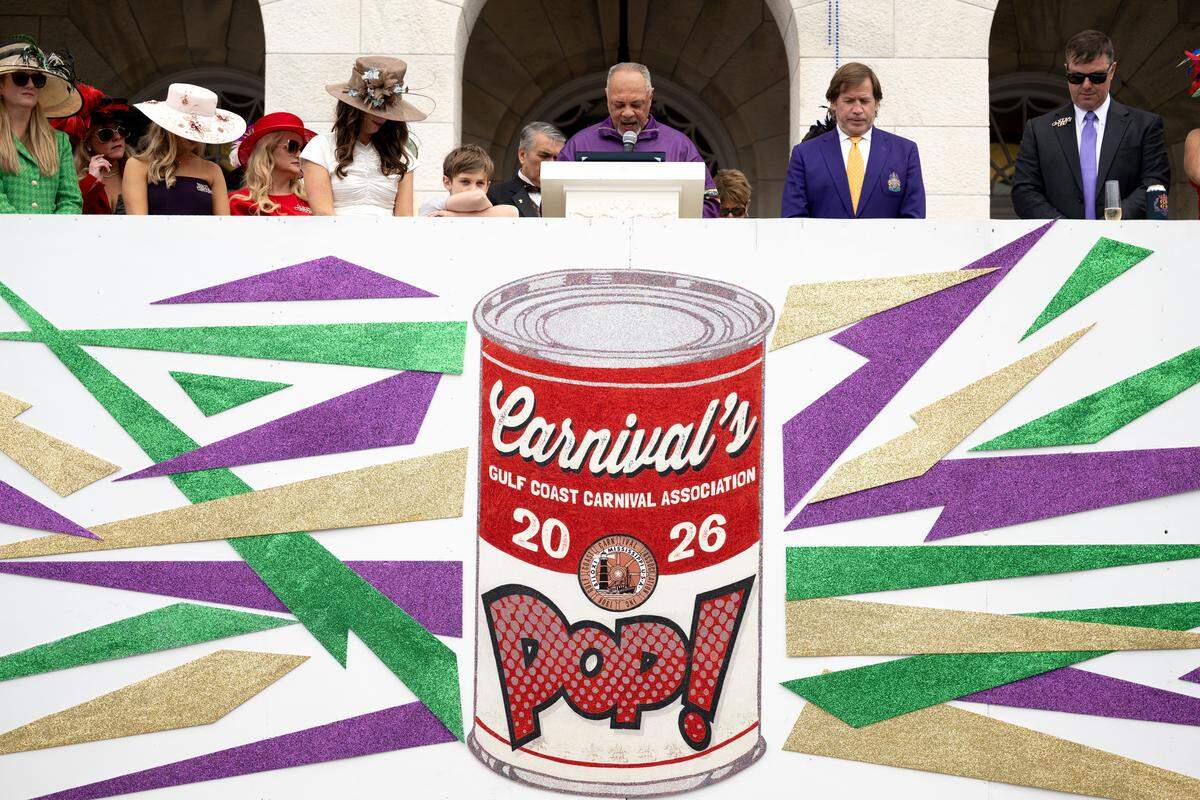 Reverend John Whitfield gives a speech before the Gulf Coast Carnival Association’s Fat Tuesday parade in Biloxi on Tuesday, Feb. 17, 2026.