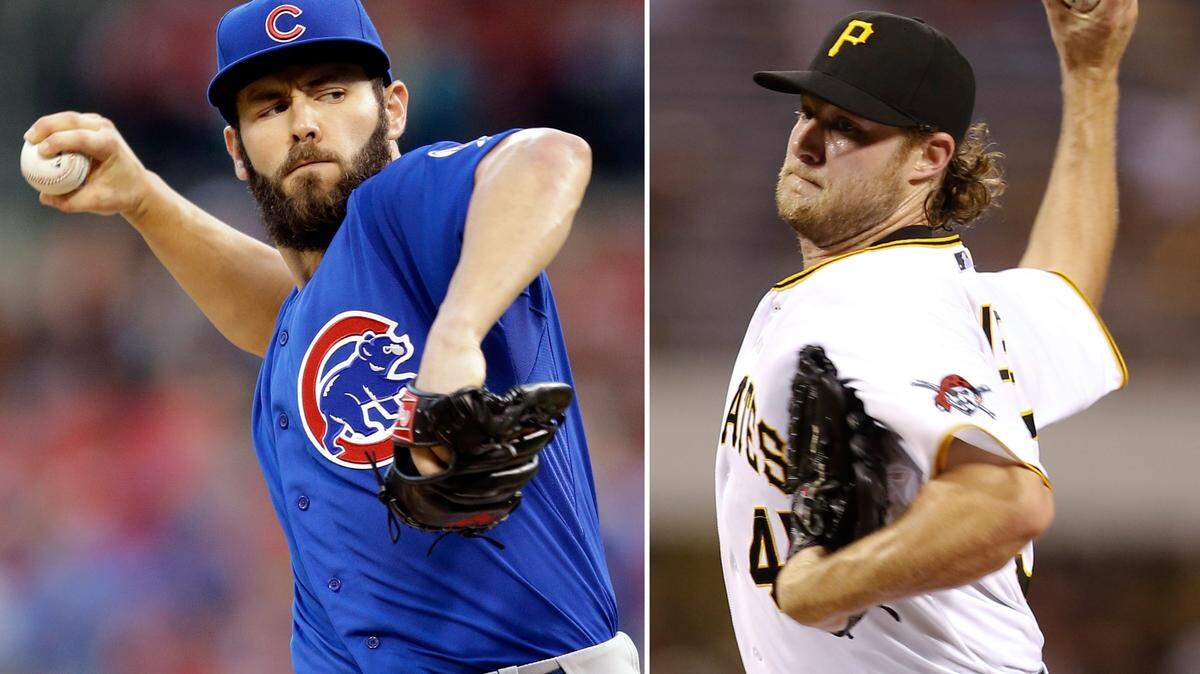 FILE - At left, in a June 26, 2015, file photo, Chicago Cubs starting pitcher Jake Arrieta throws during the first inning of a baseball game against the St. Louis Cardinals, in St. Louis. At right, in an Aug. 17, 2015, file photo, Pittsburgh Pirates starting pitcher Gerrit Cole (45) throws against the Arizona Diamondbacks in a baseball game, in Pittsburgh. The two aces _ Cole, a former No. 1 pick and Arrieta a 29-year-old who has found his stuff with the Cubs _ face off in the NL wild card game on Wednesday, Oct. 7, 2015. (AP Photo/File)
