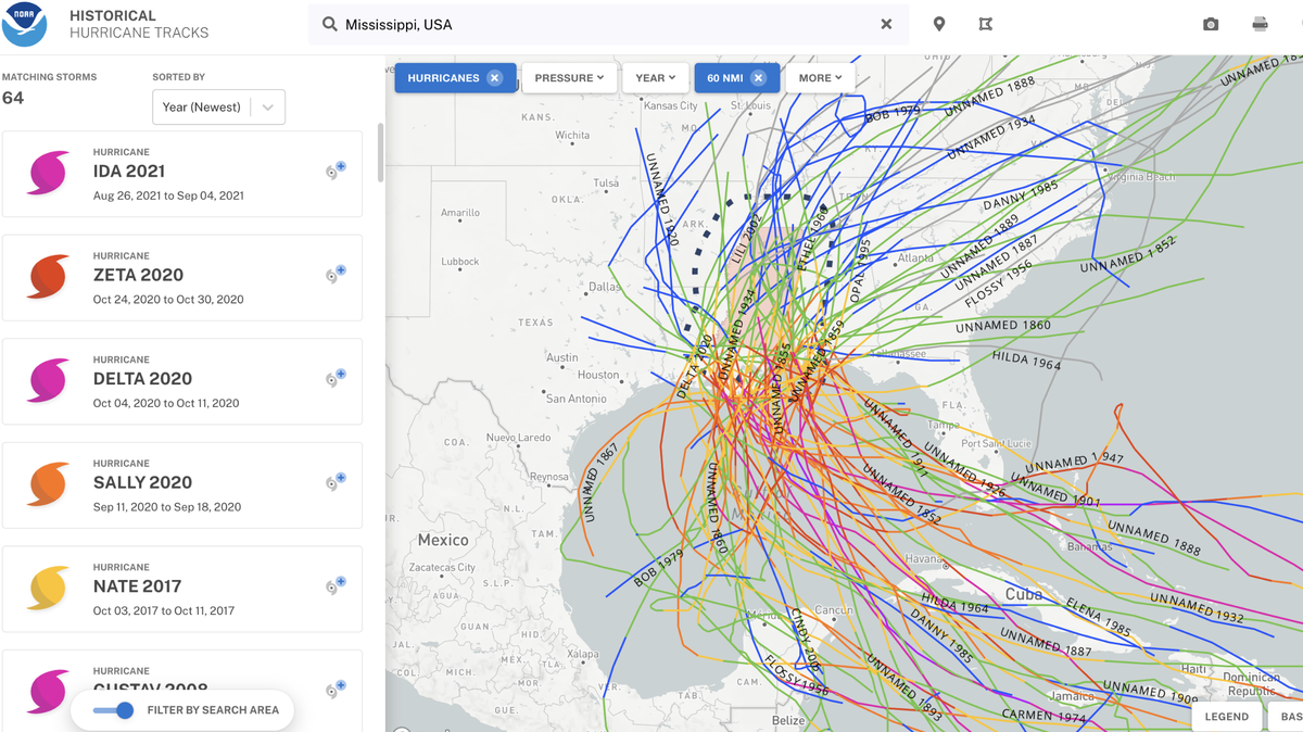 Hurricanes that hit Mississippi from 1842-2022 are depicted on this National Oceanographic and Atmospheric Administration map.