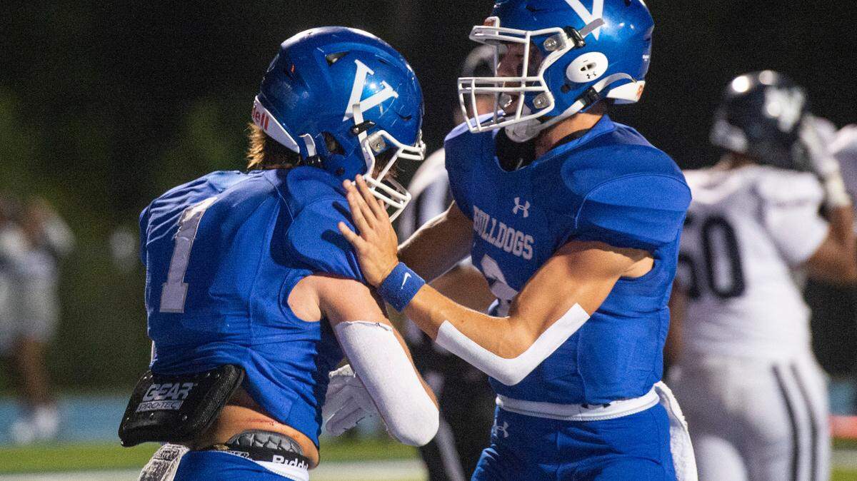 Vancleave’s John Peterson (1) and Hunter Parker (2) celebrate after a touchdown during a game against Moss Point at Vancleave Football Stadium in Vancleave on Friday, Sept. 9, 2022.