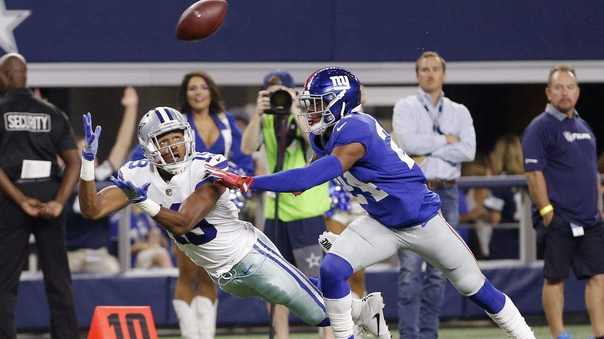 Dallas Cowboys wide receiver Brice Butler (19) catches a pass as New York Giants cornerback Eli Apple (24) defends during the first half of an NFL football game in Arlington, Sunday, September 10, 2017.