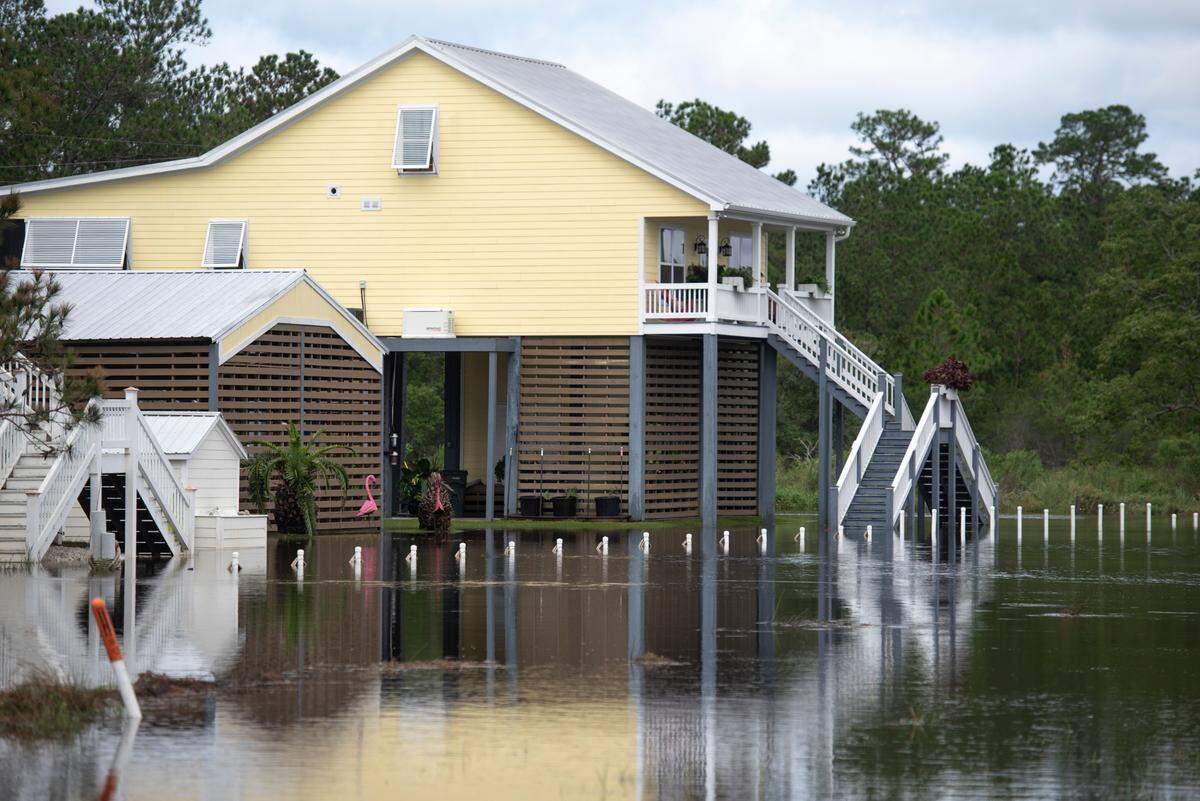 Flooding is seen Thursday morning along Whitney Street in Shoreline Park after Hurricane Francine.