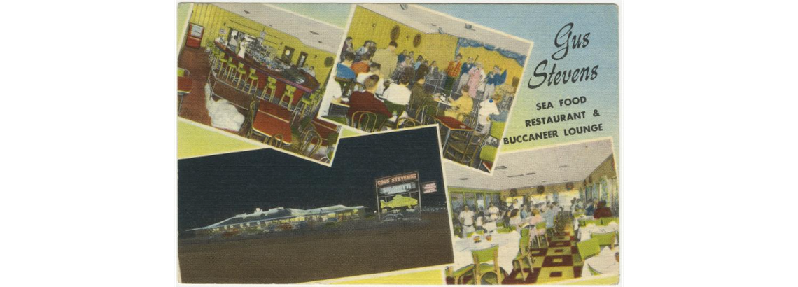 A postcard featuring Gus Stevens Seafood Restaurant & Buccaneer Lounge.