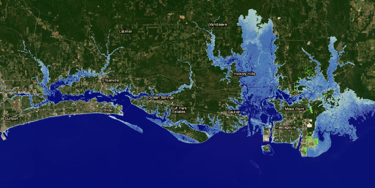 A screenshot from NOAA’s Sea Level Rise Viewer shows an “intermediate” forecast that predicts sea levels on the Mississippi Coast would rise 3.84 feet by 2100. Areas in blue represent places that could become flooded under that forecast. Areas in green represent low-lying places that are not hydrologically connected to the ocean but could still flood.