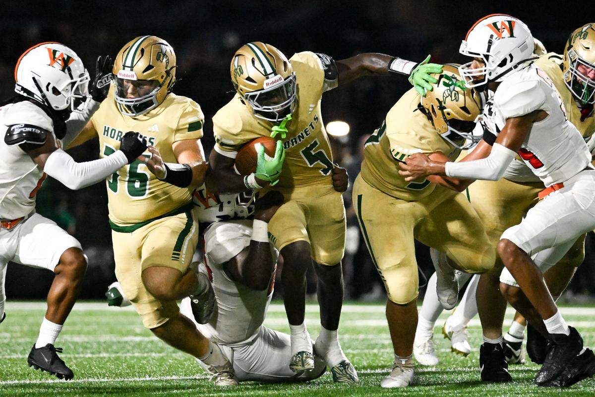 Poplarville’s Tylan Keys (5) runs the ball during a high school football game at Poplarville High School on Friday, August. 29, 2025. West Harrison won 34-18.