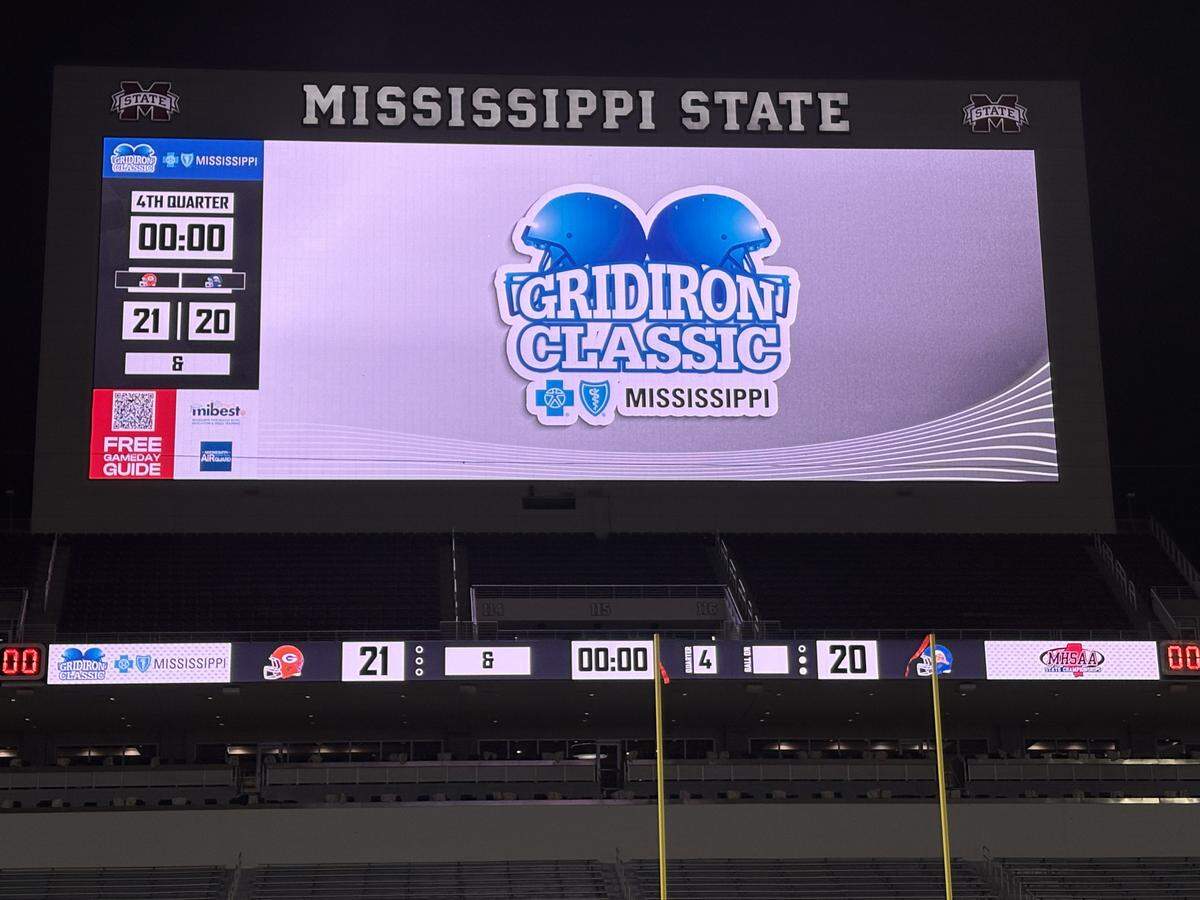 The scoreboard at Davis Wade Stadium tells the story after the Gulfport Admirals captured the Class 7A state championship on Saturday, December 6, 2025.