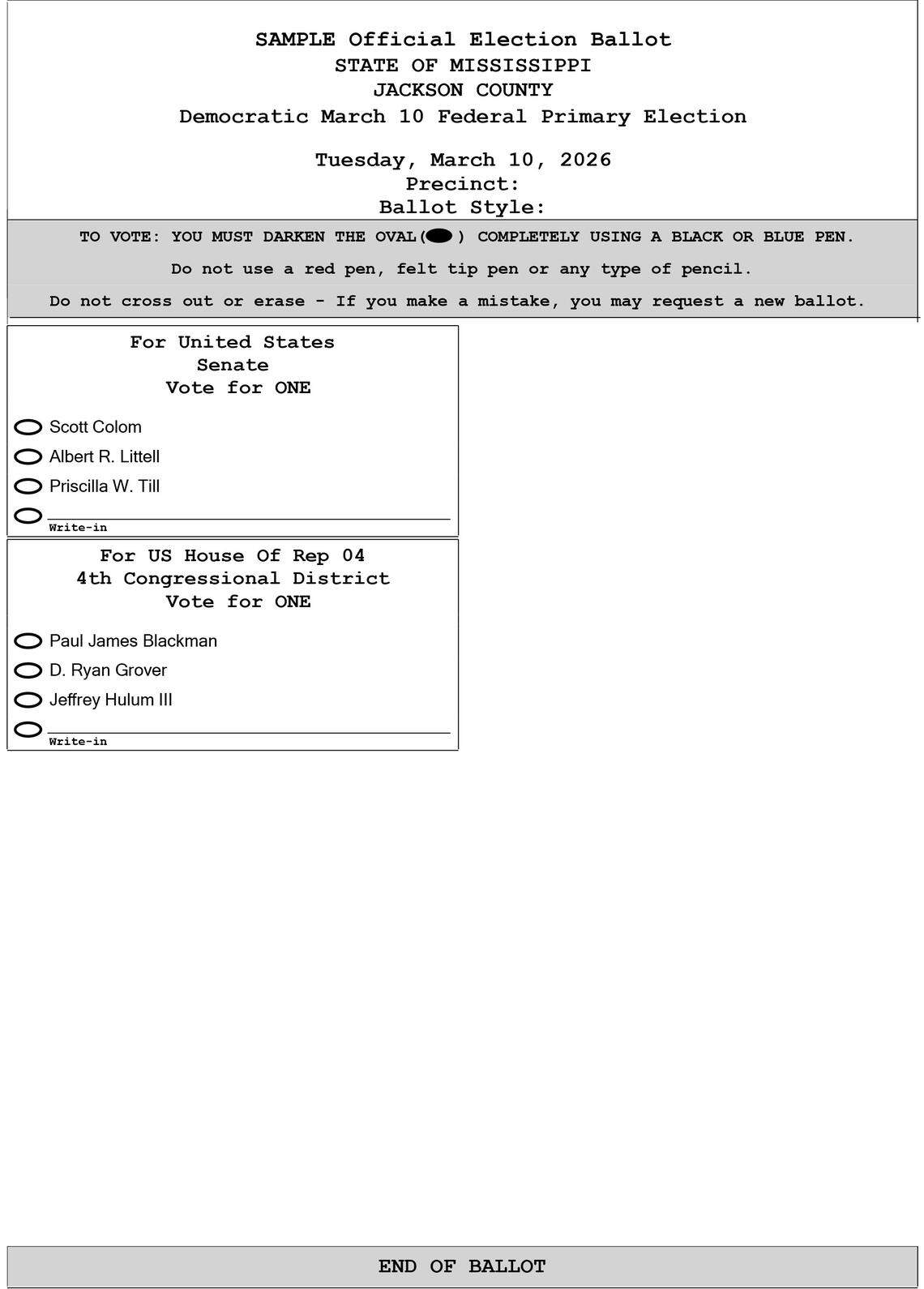 Sample ballot for the Democratic primary election in Jackson County on March 10, 2026.