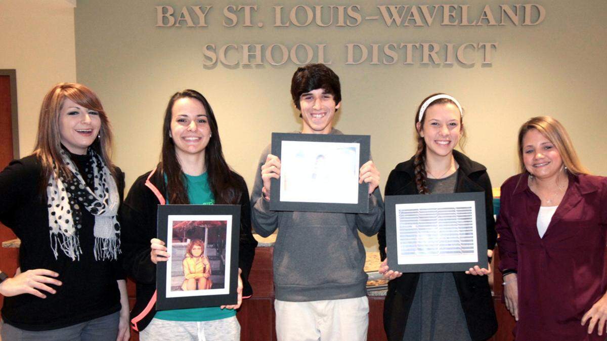 Bay High students were recognized for their work in a state art competition. Here are Tarah Herbert, graphic design teacher; Grace Powell, winner of the Gold Key Award in oil painting; Landon Brady and Marion Pohl, both honorable mention winners in photography; and art teacher Lauren Bernard. Not pictured is Alyssa D'Bonaventura, awarded the Silver Key for her painting.