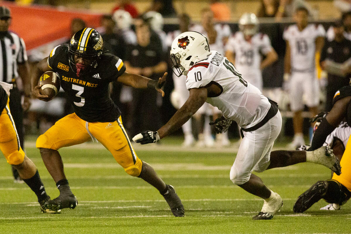 Southern Miss Golden Eagles running back Frank Gore Jr. (3) avoids getting tackled during a game against Arkansas State at M.M. Roberts Stadium in Hattiesburg on Saturday, Oct. 15, 2022.