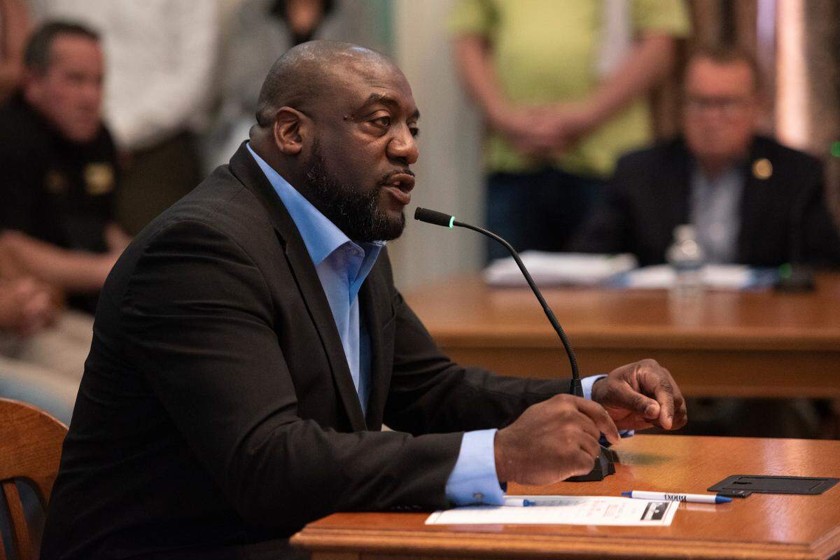 State Rep. Jeffrey Hull III speaks during a public comment segment of a Biloxi City Council meeting at Biloxi City Hall on Tuesday, April 18, 2023 over the incidents of Black Spring Break.