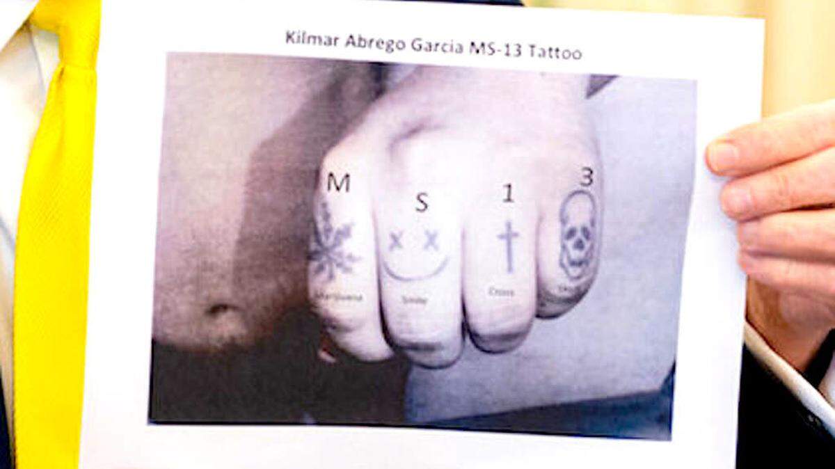 A closeup of the photo that President Donald Trump posted on social media channels, alleging that Kilmar Abrego Garcia has MS-13 tattooed on his fingers.