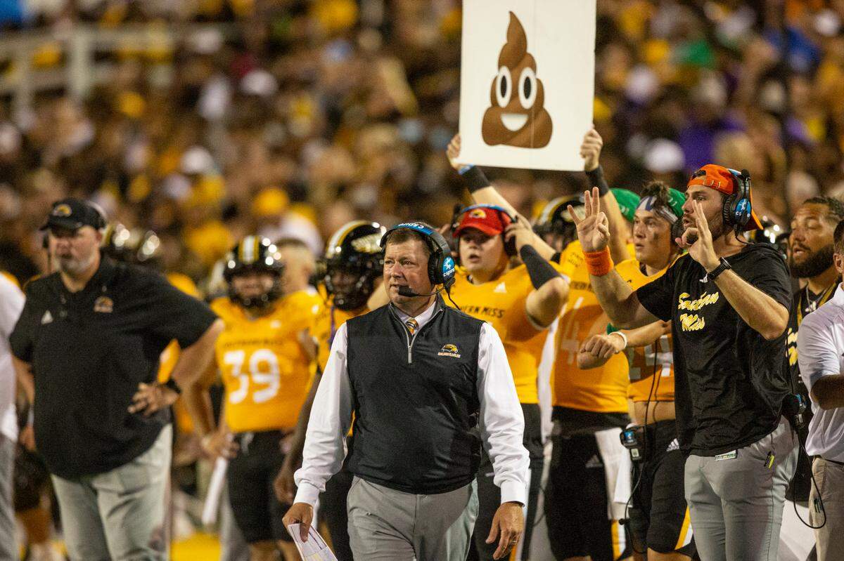 Southern Miss Coach Will Hall reacts during a Southern Miss game at M.M. Roberts Stadium in Hattiesburg on Saturday, Sept. 2, 2023.