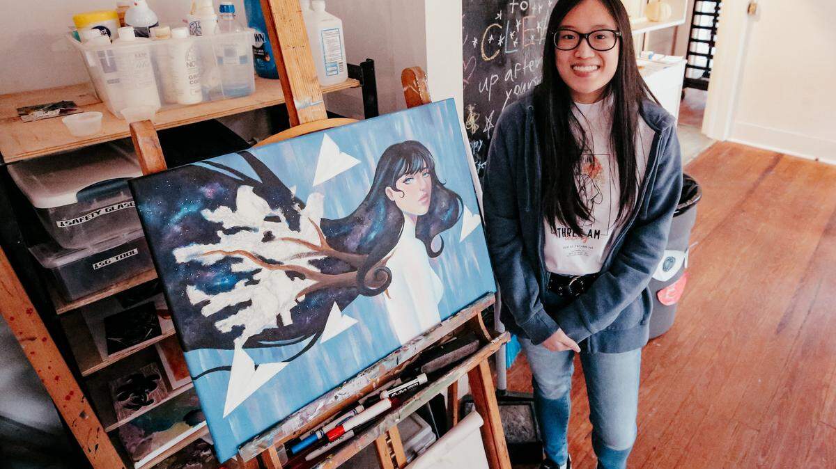 Lisa Tran, a senior at D’Iberville High School, Ava Prisk, with one of the pieces she worked on during an artists’ residency for teens sponsored by the Friends of Art, Culture and Education in Ocean Springs. The teens’ art is on display at the Ohr-O’Keefe through May 1, 2021.