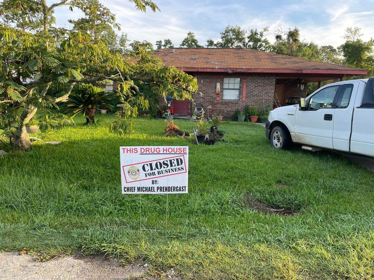 Waveland Police arrested at least one person at a home on Spruce Street in August. The police department puts “drug house” signs in yards after drug arrests. Some question if they are legal.