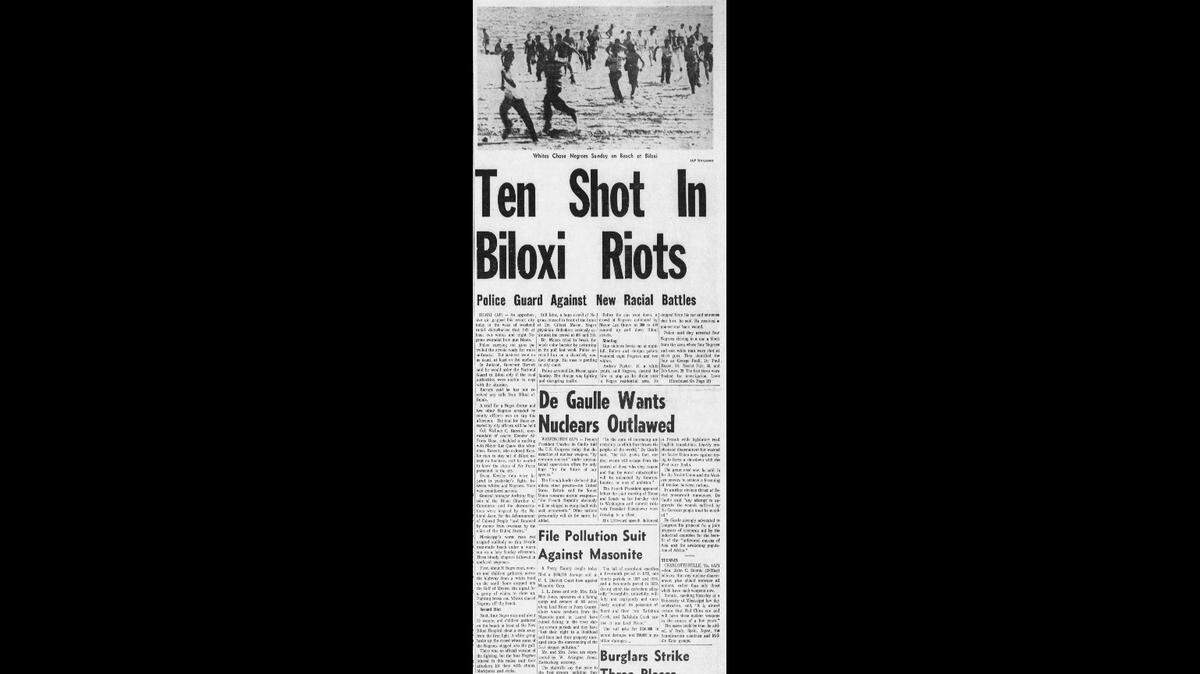 An article in the Hattiesburg American on April 25, 1960 after a white mob attacked protesters on Biloxi Beach.