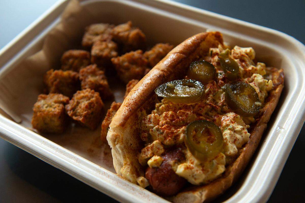 The deviled egg dawg at The Garage at Cash Alley in Ocean Springs on Friday, Dec. 13, 2024.