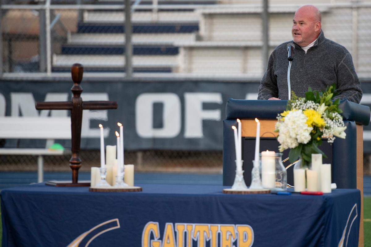 Billy Ellzey, superintendent of the Pascagoula-Gautier School District, speaks during a vigil for student Shermarion Miner at Gautier High School on Thursday, Jan. 16, 2025.