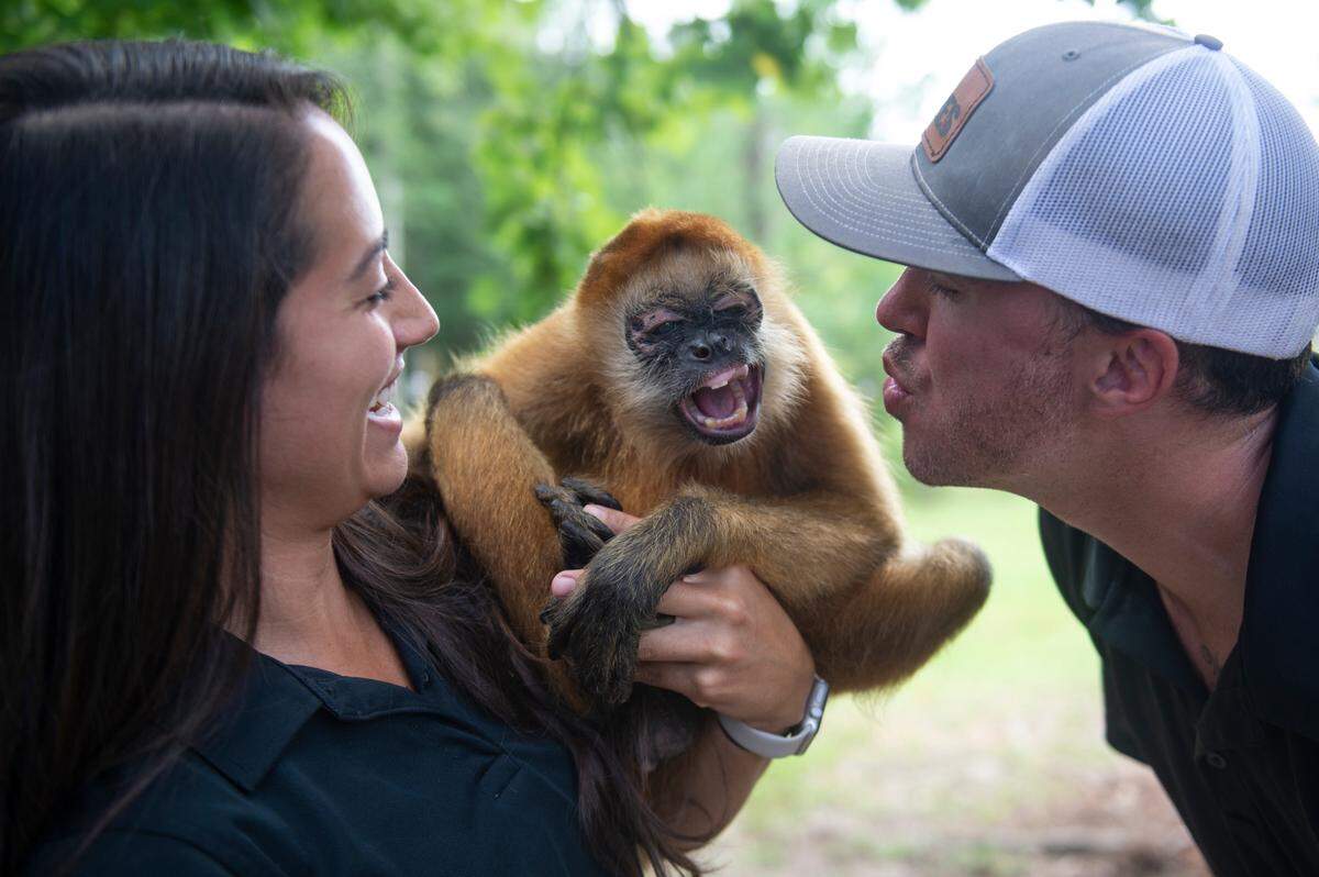 Bre Anderson, staff manager at Wild Acres, and Cody Breland, owner of Wild Acres, make faces with Kiki, a spider monkey, outside his enclosure at Wild Acres in McHenry on Thursday, July 6, 2023.