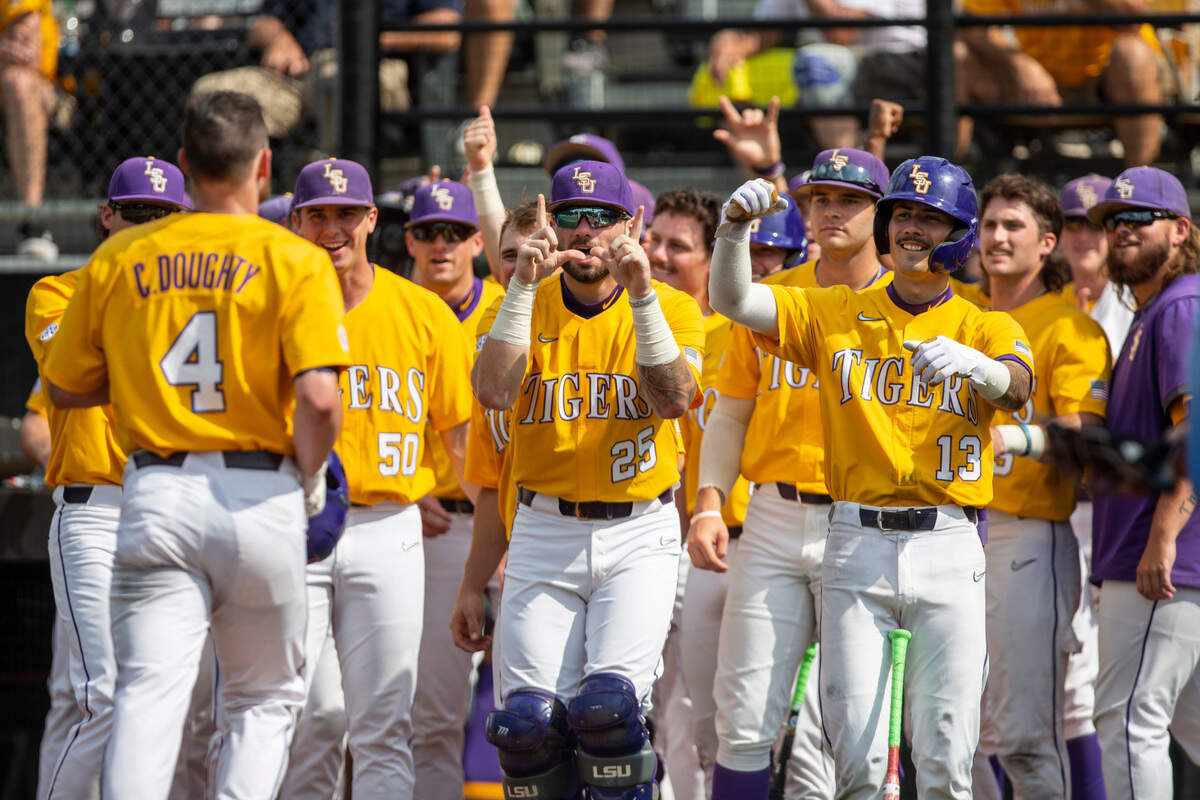 LSU’s players cheer for their teammates during the NCAA Regionals game at Pete Taylor Park in Hattiesburg on Monday, June 6, 2022.
