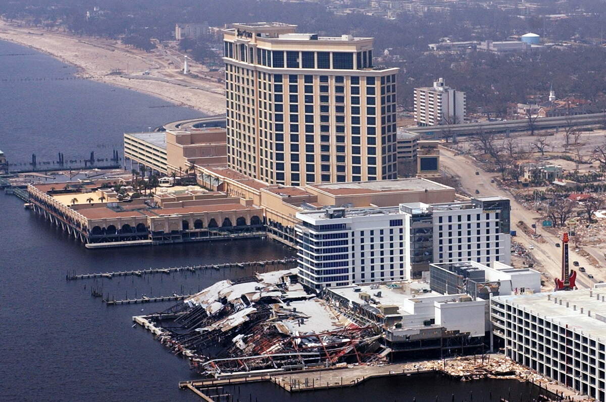 Beau Rivage and Hard Rock casinos in Biloxi are pictured after they were damaged by Hurricane Katrina on Aug. 29, 2005. The Beau Rivage opened a year later on the first anniversary of Katrina. Hard Rock was just days from opening when the storm hit and had to be rebuilt It opened in June 2007.