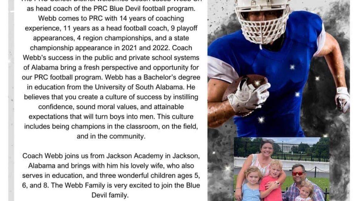 Pearl River Central announces Jacob Webb as its newest head football coach.